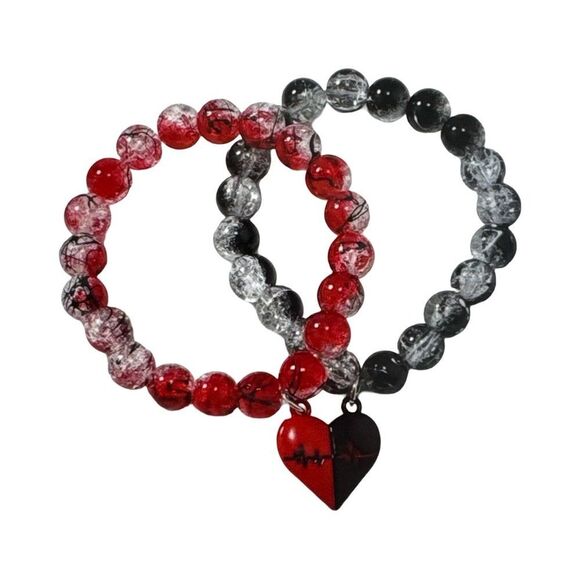 Red and Black Heartbeat Couples Bracelet - Picture 2 of 5